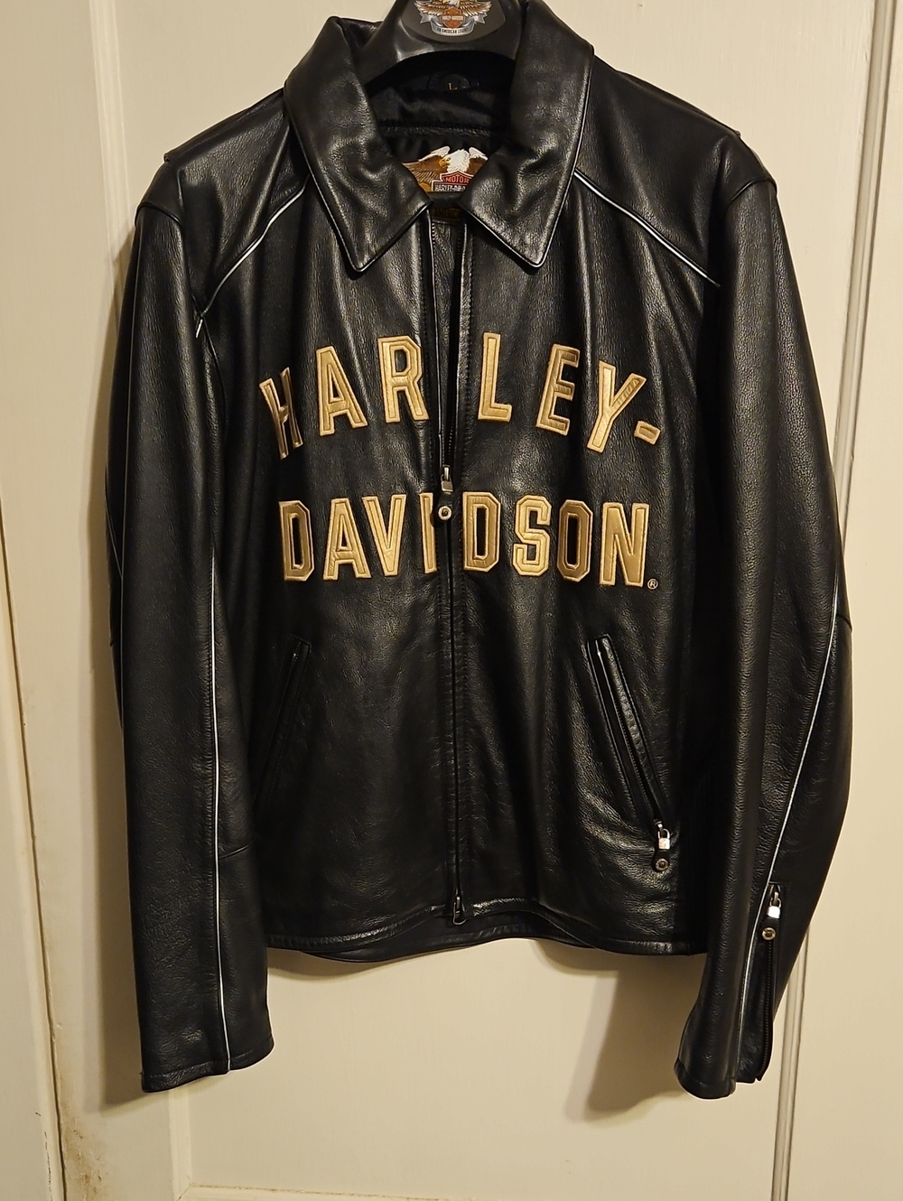 Harley-Davidson Black Leather Bomber with Gold Lettering